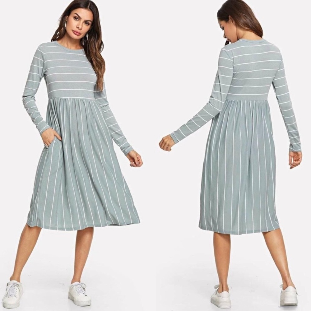 SHEIN Light Blue & White Striped Dress With Pockets Casual Sundress Size Medium
